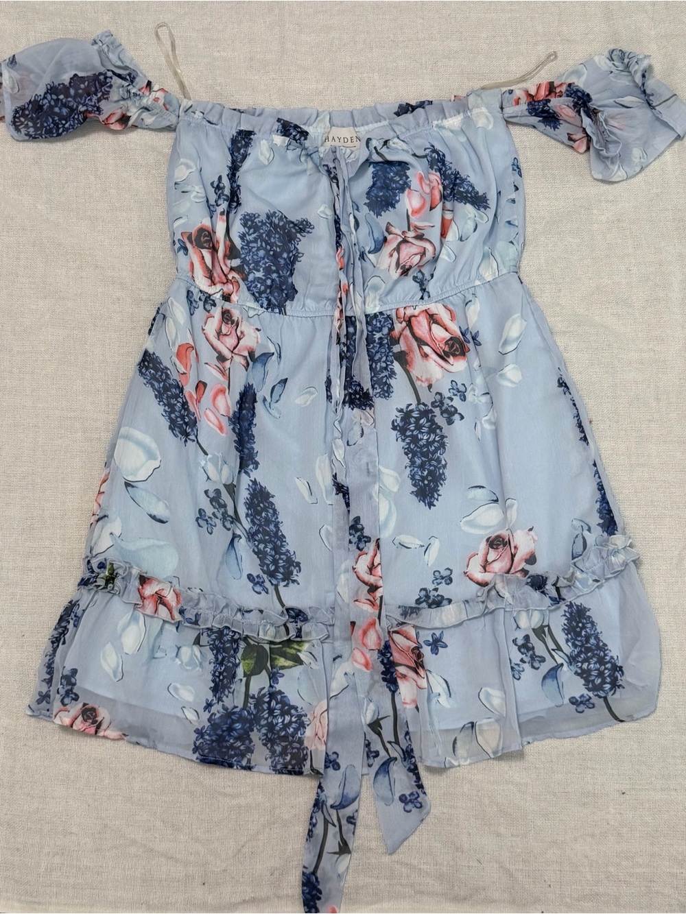 Womens Light Blue Floral Off-Shoulder Dress